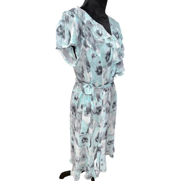 Blair Faux Wrap Dress Watercolor  aqua gray 14P Ruffles Sheer Y2K Coquette Fairy - Picture 4 of 15